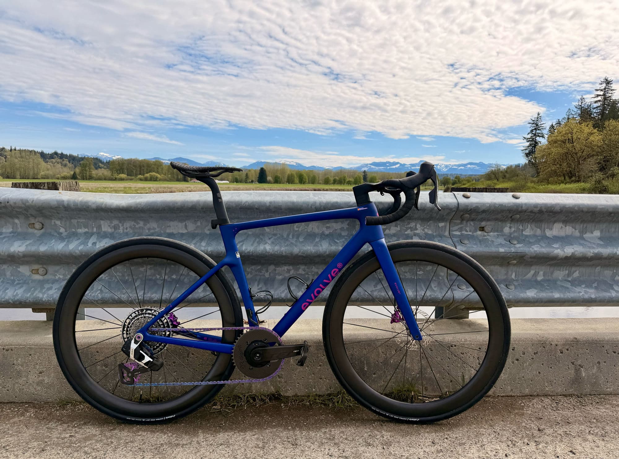 A Corvayle build — frame visible end-on, in natural Pacific Northwest light.